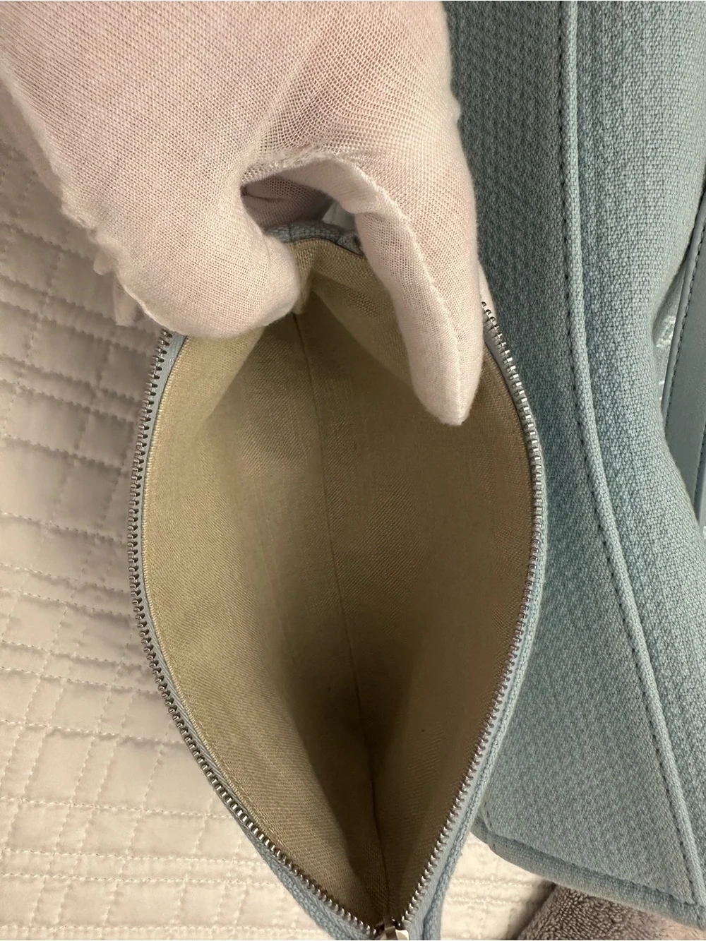 CHANEL Light Blue Canvas Tote with Chain-Strap Details